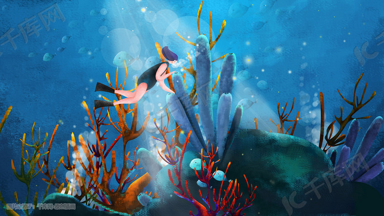 海洋主题插画珊瑚与潜水者