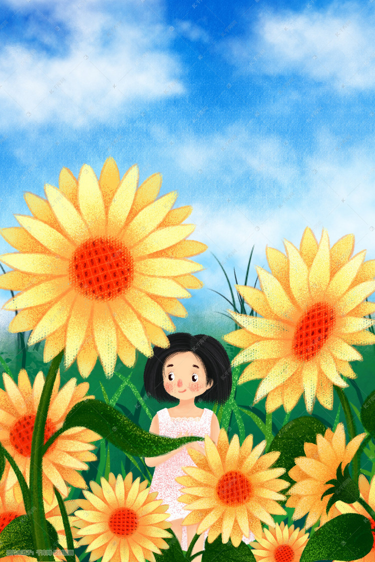 手绘盛夏向日葵插画
