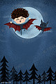 愚人节万圣节黑夜中小孩子和蝙蝠手绘插画