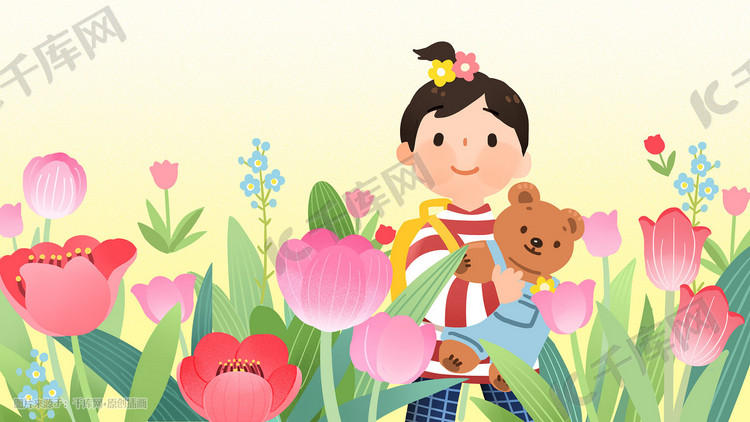 春天踏青赏花女孩公园赏花踏青春游