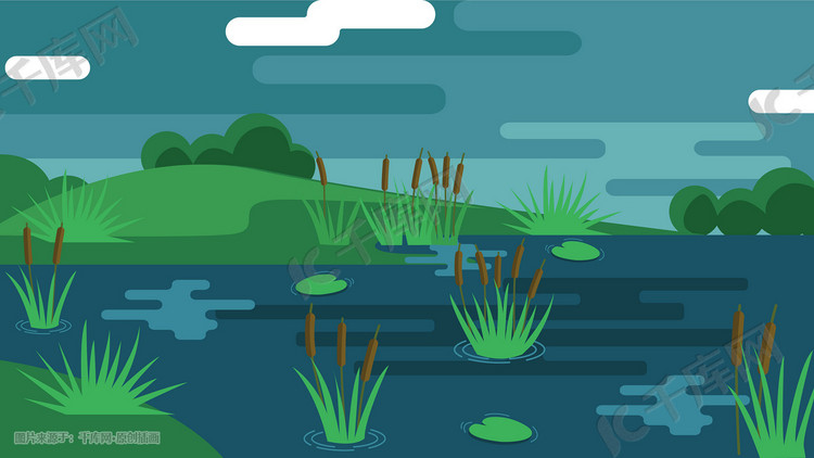 夏季池塘风景插画