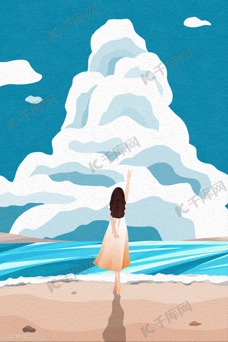 沙滩上穿长裙的女孩向天空伸剪刀手