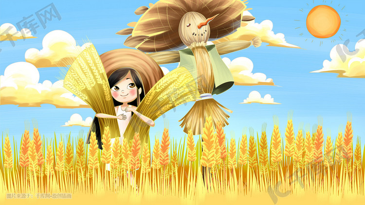 二十四节气秋分小女孩和稻草人手绘插画