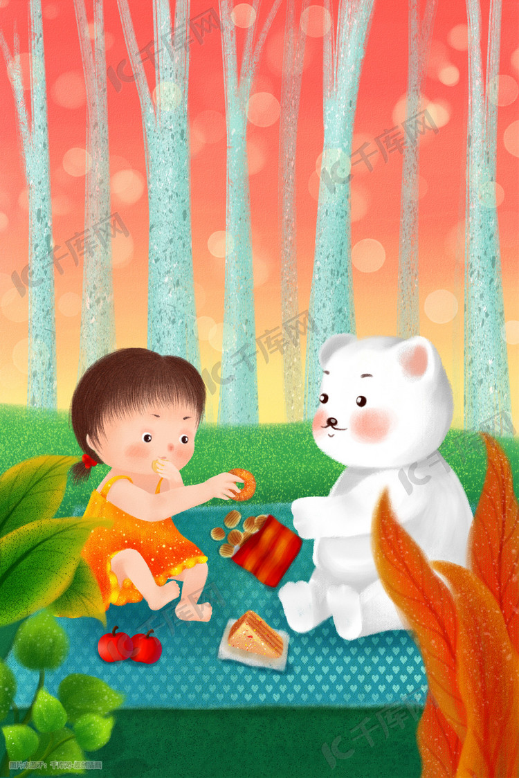手绘插画小女孩和白熊野餐六一