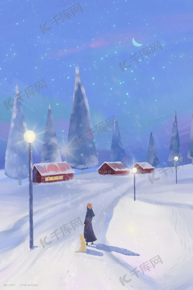 冬季故乡的大雪风景人物手绘插画