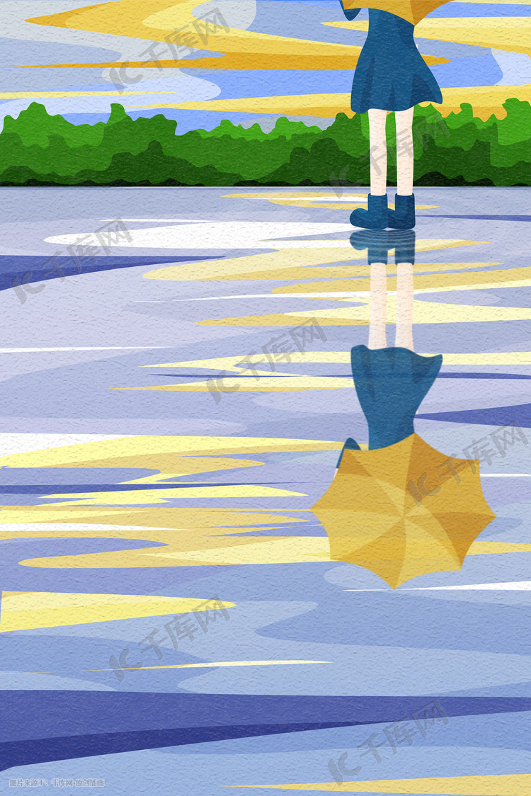 小女孩撑伞在水中留下倒影