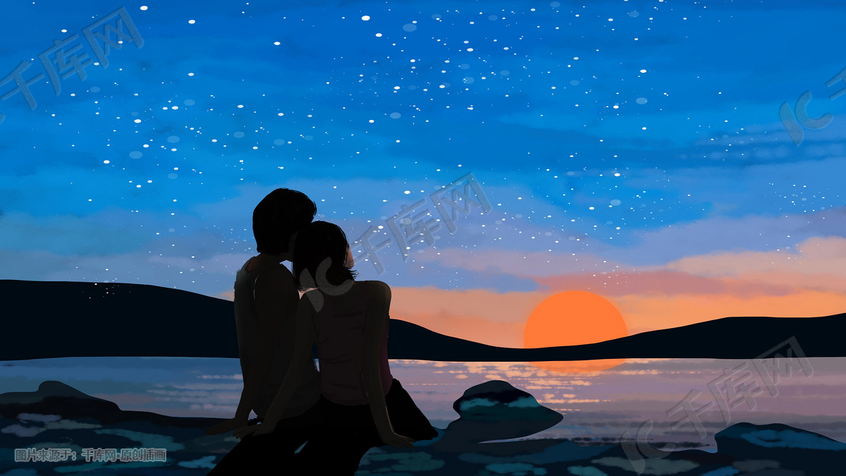 海边黄昏星空下的情侣
