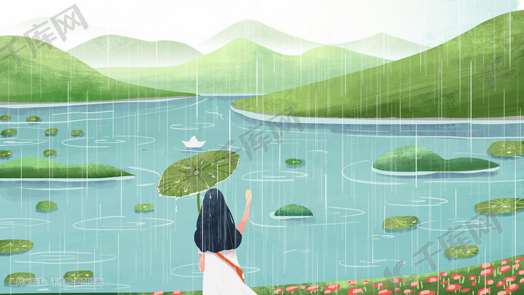 春雨谷雨小女孩湖边放纸船小清新横图