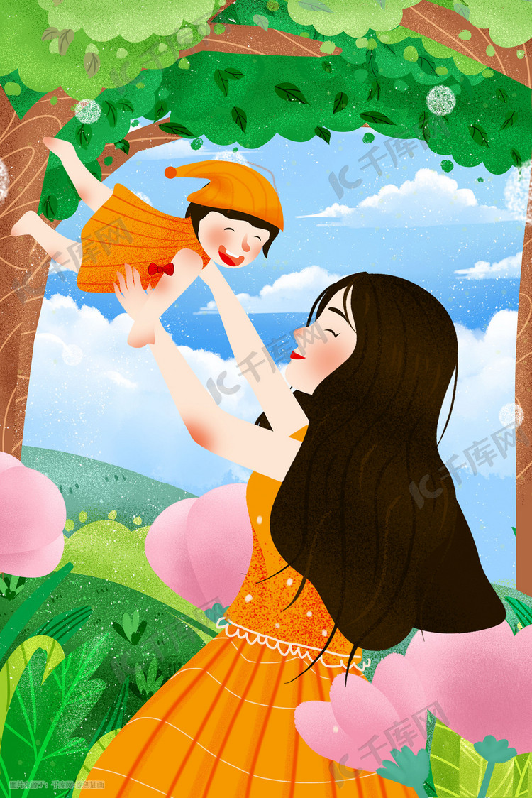 温馨母亲节妈妈抱孩子插画图片-千库网
