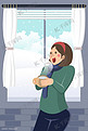 二十四节气大寒站在窗边赏雪的女孩喝热水插