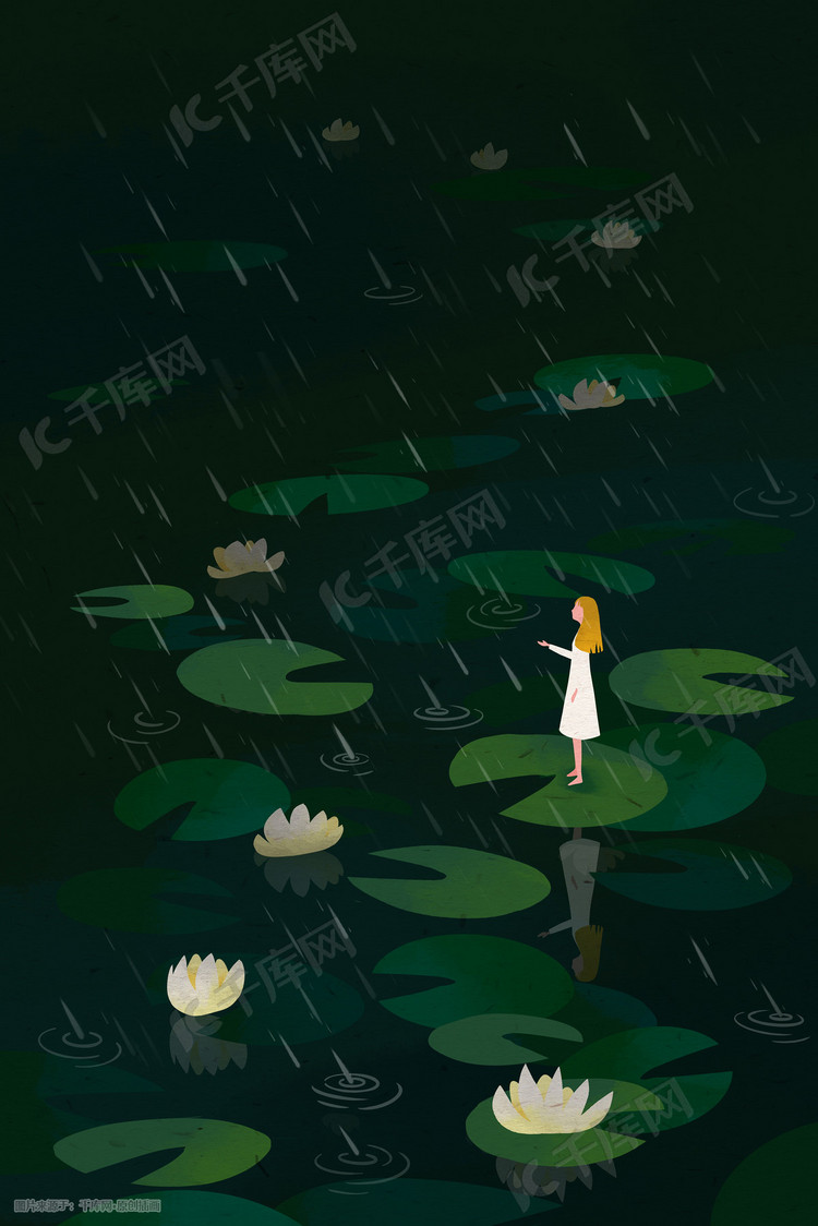 女孩在夏天下雨的莲花池