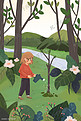 二月你好绿色植物树林少女植树卡通扁平插画