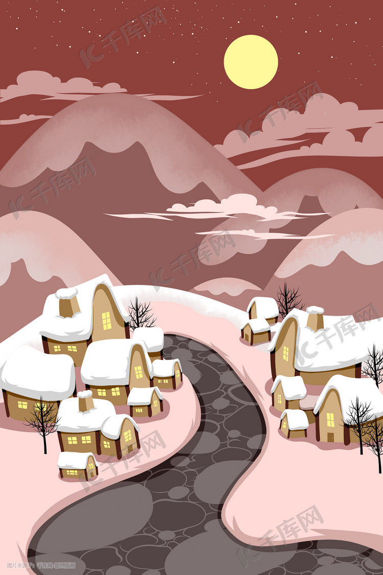 大雪节气冬天夜晚雪景手绘插画