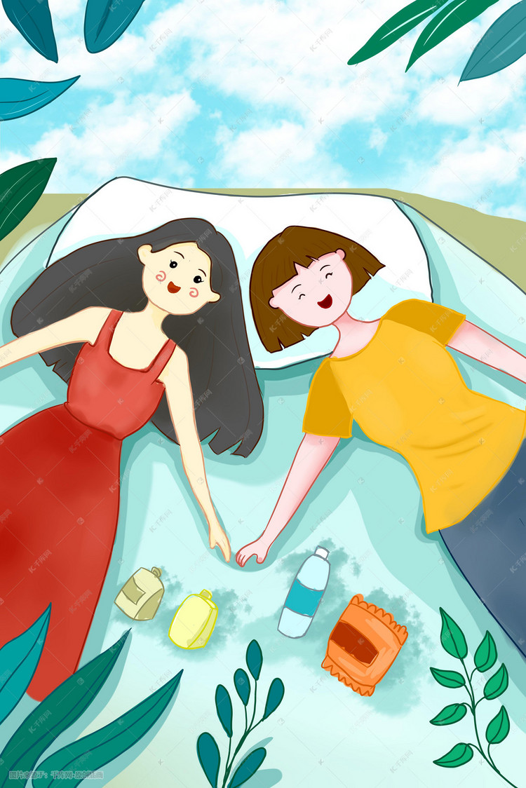 两个女孩手拉手插画