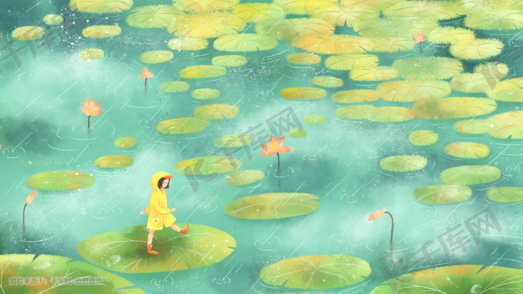 24节气谷雨下雨天行走荷叶池塘的女孩