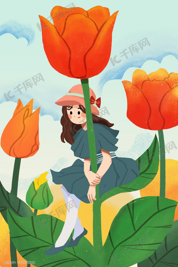 二月你好少女花朵卡通扁平绿色唯美插画