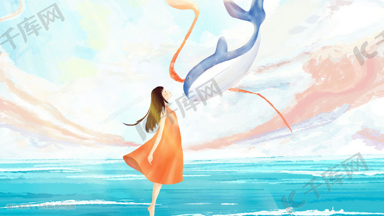 天空手绘梦幻女孩与鲸鱼