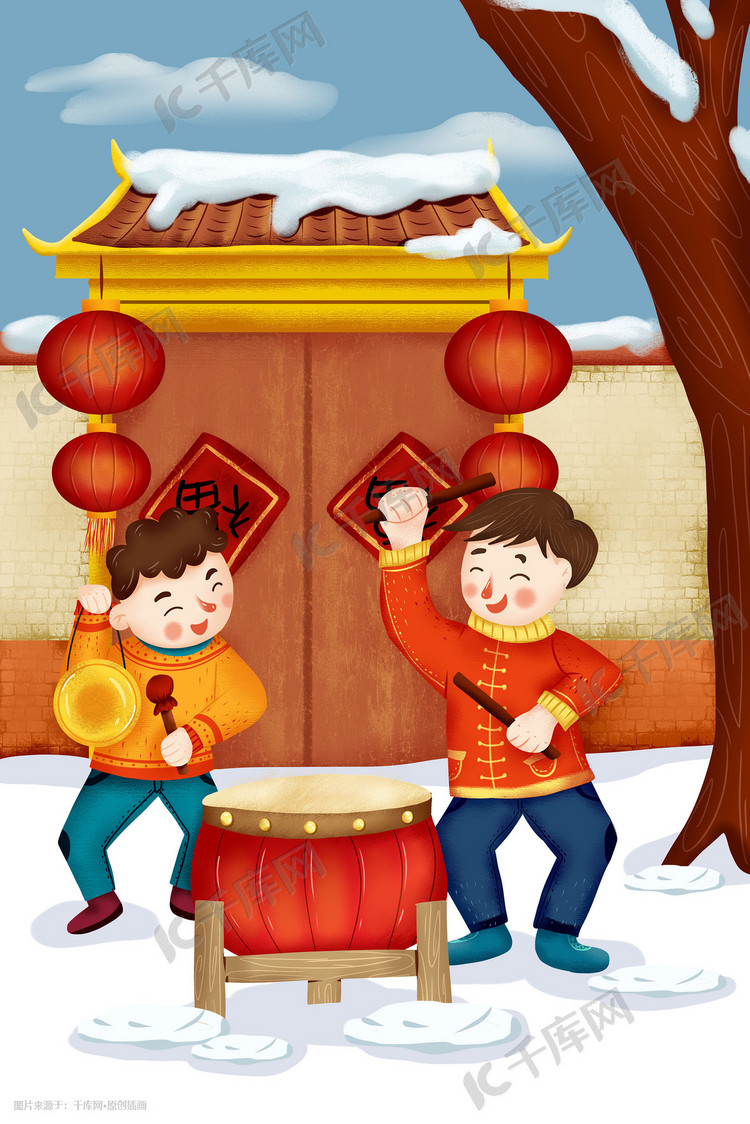 卡通可爱男孩敲锣打鼓过新年春节灯笼插画