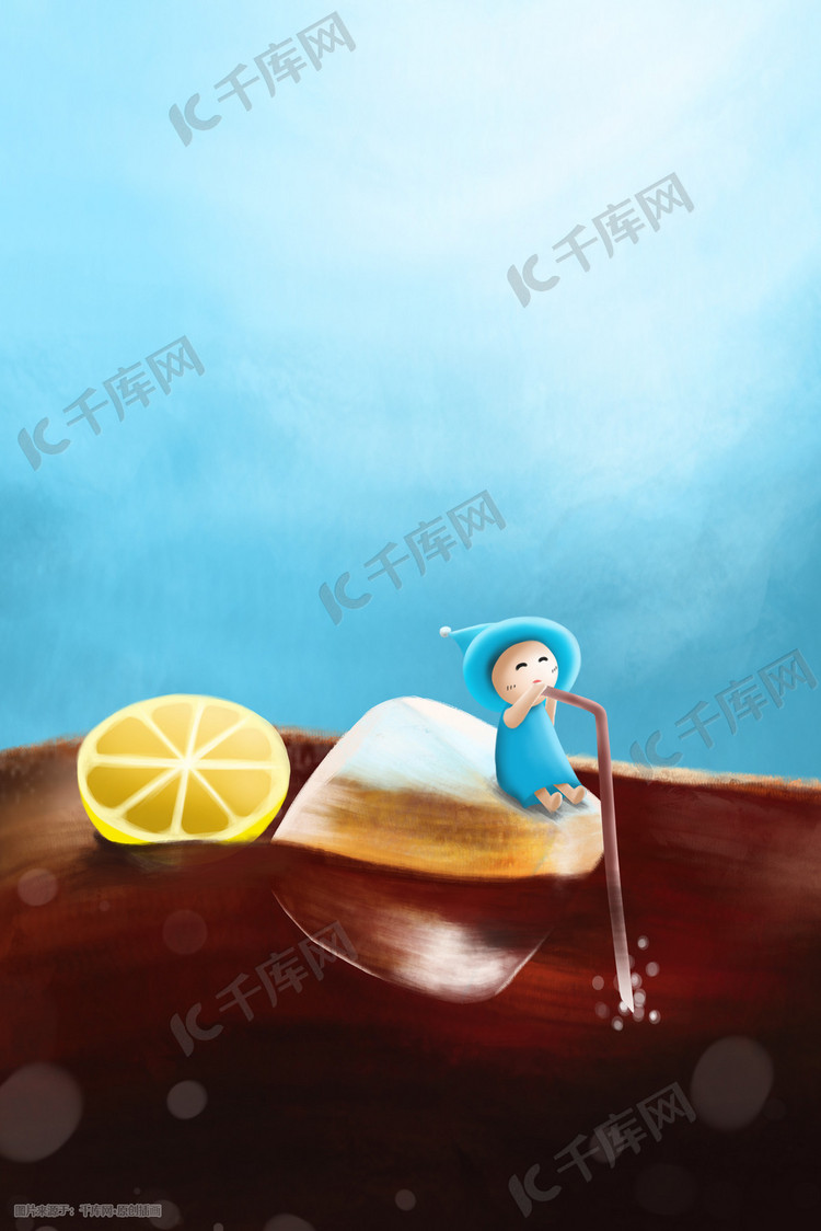夏季冰块漂浮在可乐上柠檬小精灵喝冷饮插画