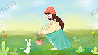 春天踏青野地挖野菜的小女孩插画