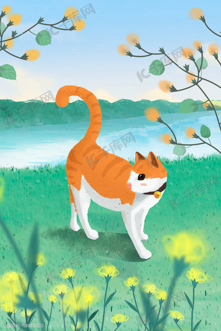 戏猫之春暖花开手绘插画