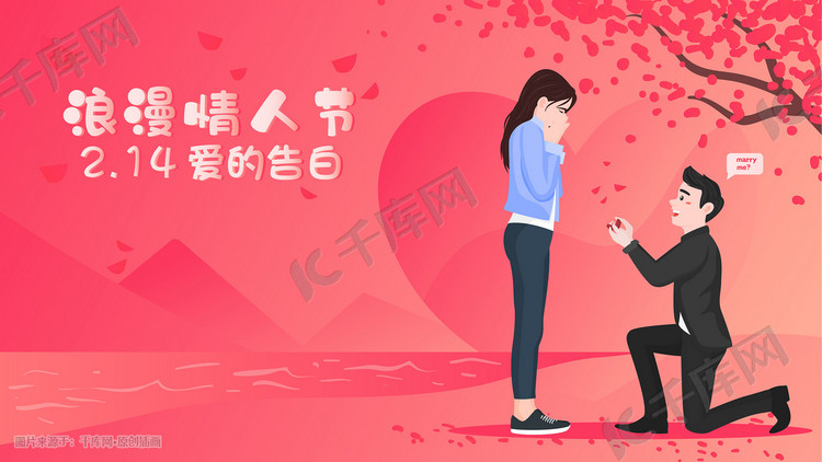 卡通爱情情人节浪漫情侣告白求婚横幅插画