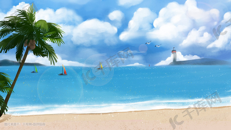 沙滩海浪天空海鸥海洋插画