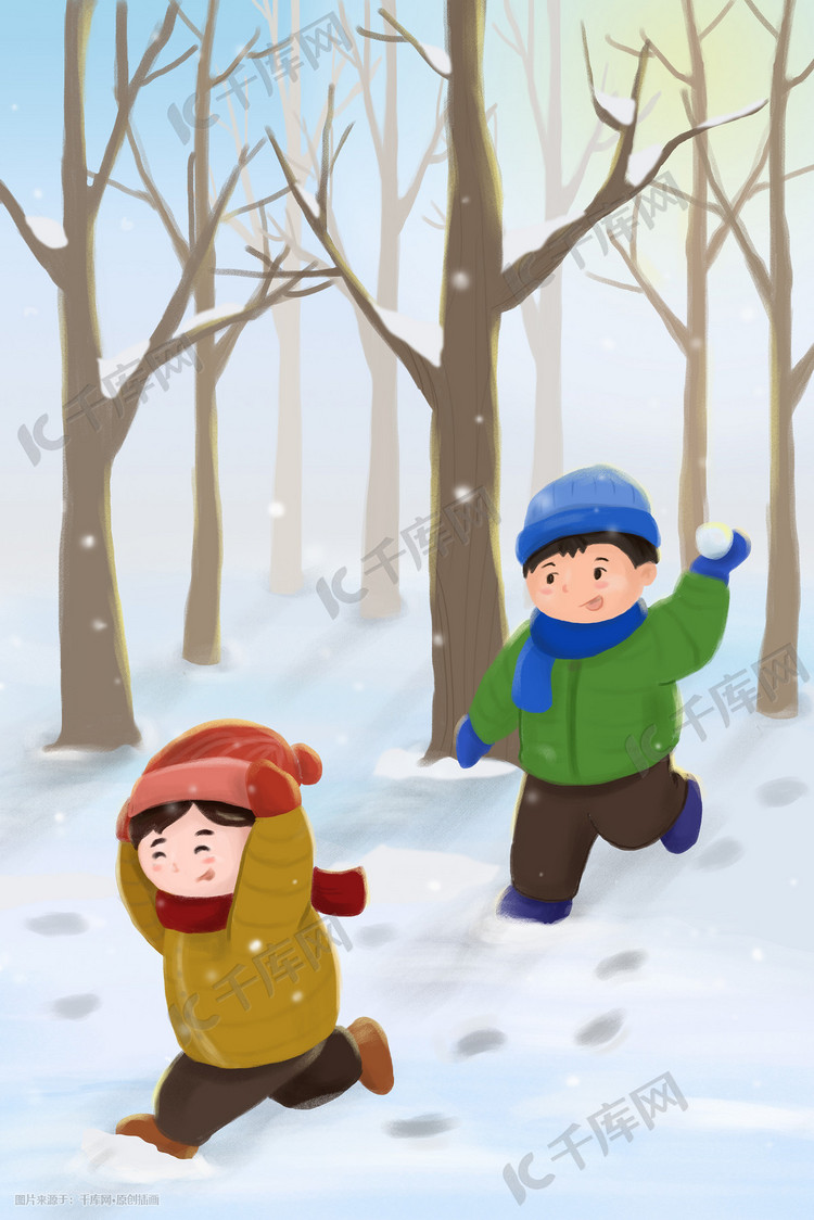 大雪孩子打雪仗手绘插画