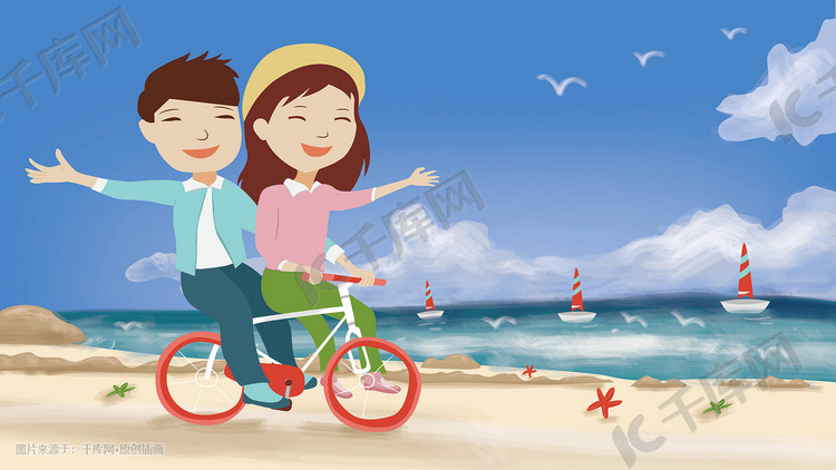 海滩骑单车旅游的情侣矢量插画