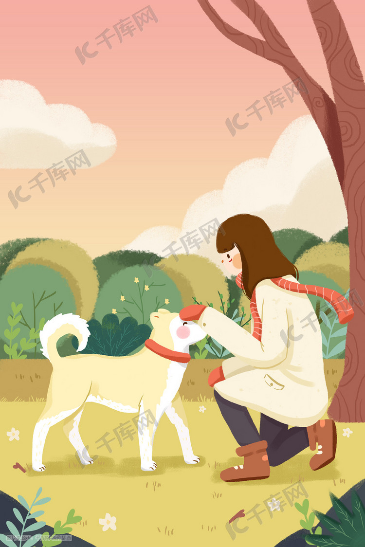 情人节女孩抚摸爱犬绿色小清新插画