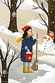 冬季冬天女孩扫雪堆雪人