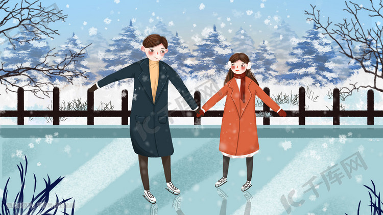 手绘小清新冬季牵手滑冰的情侣插画
