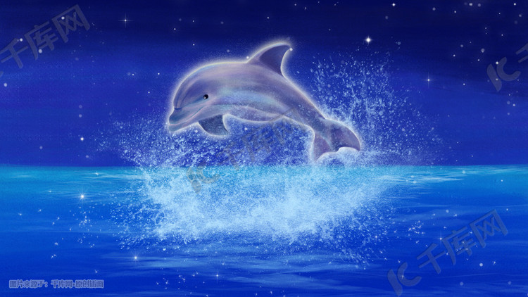 手绘插画跃出海面的海豚