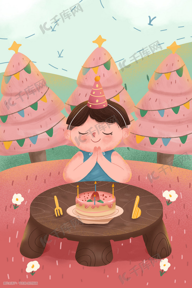 粉色系卡通可爱生日快乐男孩许愿配图