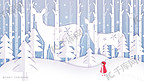 剪纸风冬天冬至大雪节气树林小鹿女孩插画