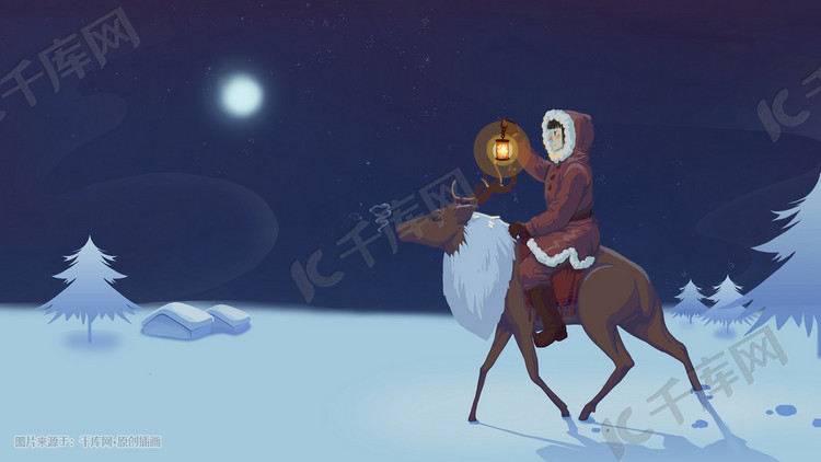 冬季大寒星夜少女提灯骑鹿雪地行走手绘