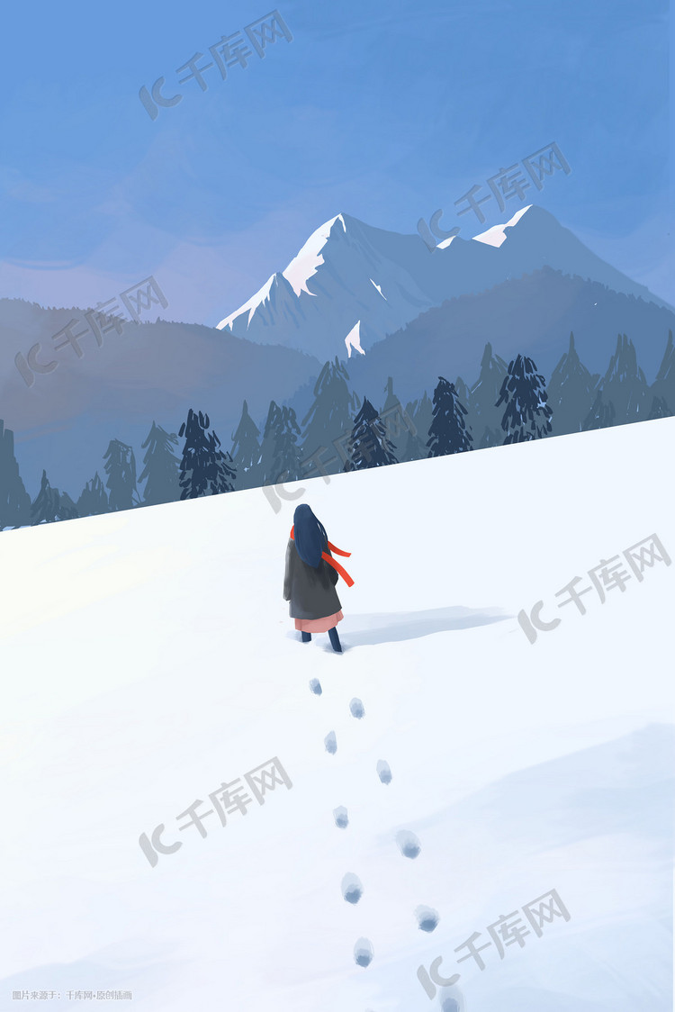 冬日女孩和雪山插画