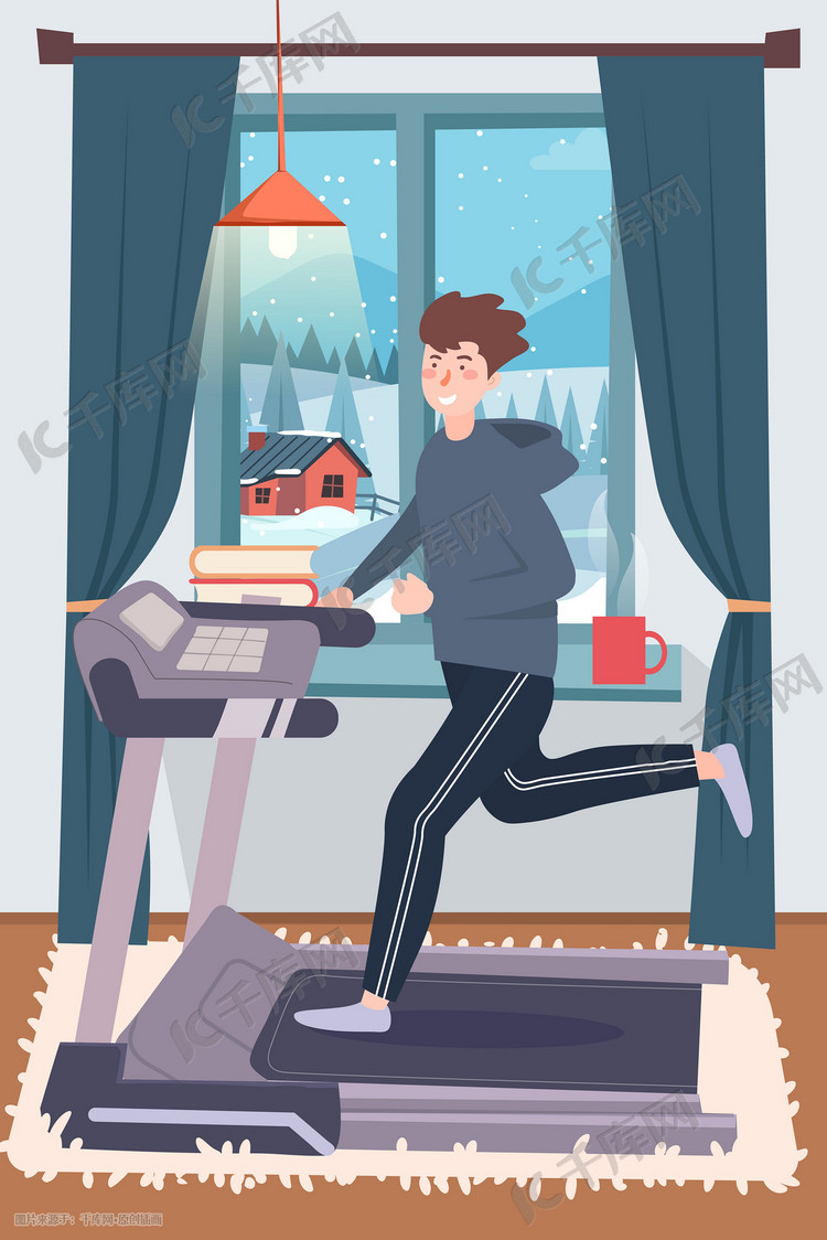 卡通健身运动跑步机锻炼挑战打卡减肥插画