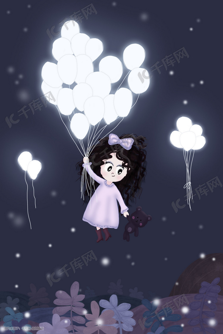 夜空中拽发光白气球和熊的女孩旅行手绘插画