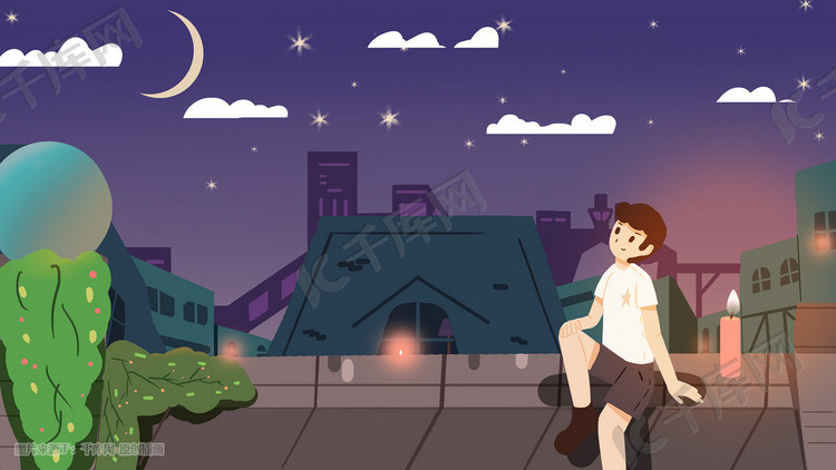 地球日保护地球城市夜景男孩卡通插画