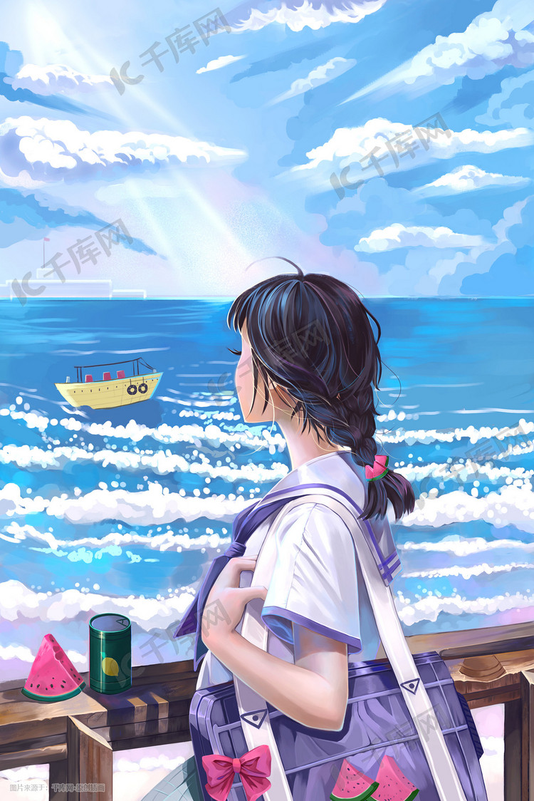 手绘立夏海滨女孩人物插画