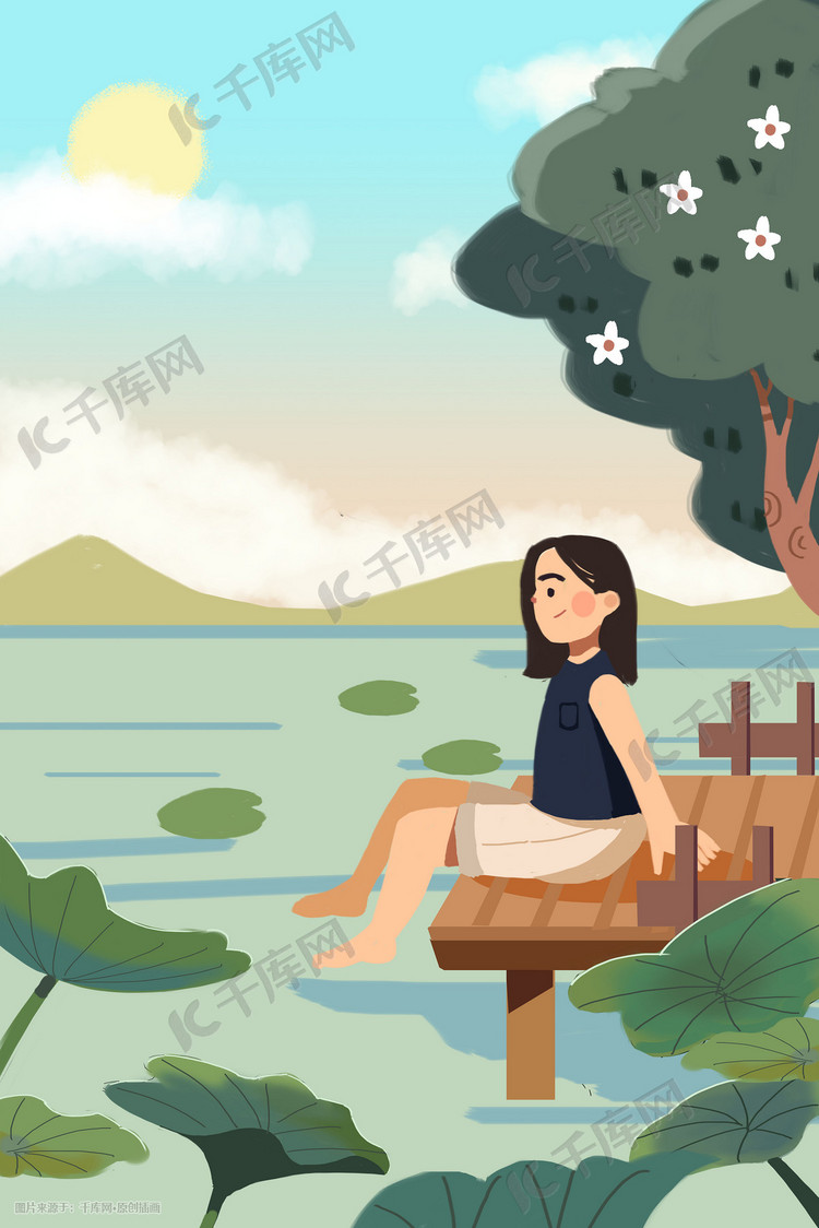 立夏夏天夏季风景少女荷塘风景卡通插画