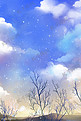 冬天蓝色唯美卡通治愈小清新天空蓝天云树雪花下雪背景