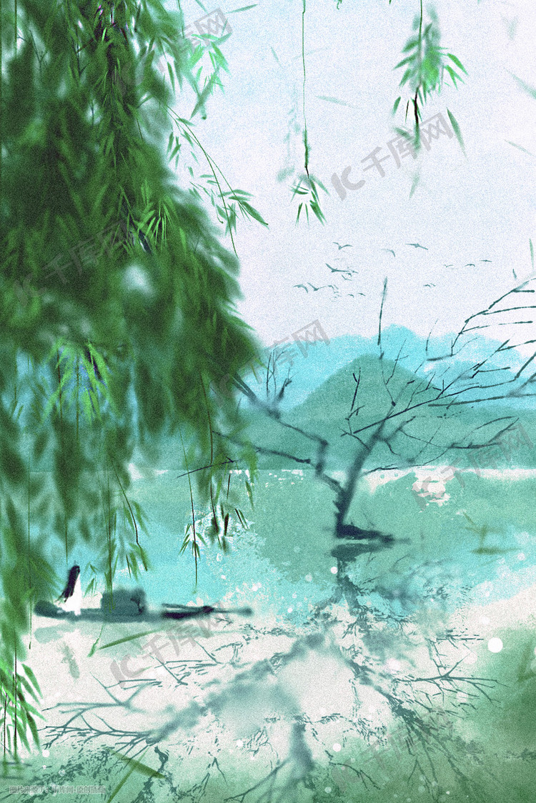 立夏夏天西湖柳叶唯美国潮风景