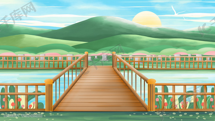 绿色系唯美治愈小桥木桥湖边山脉背景