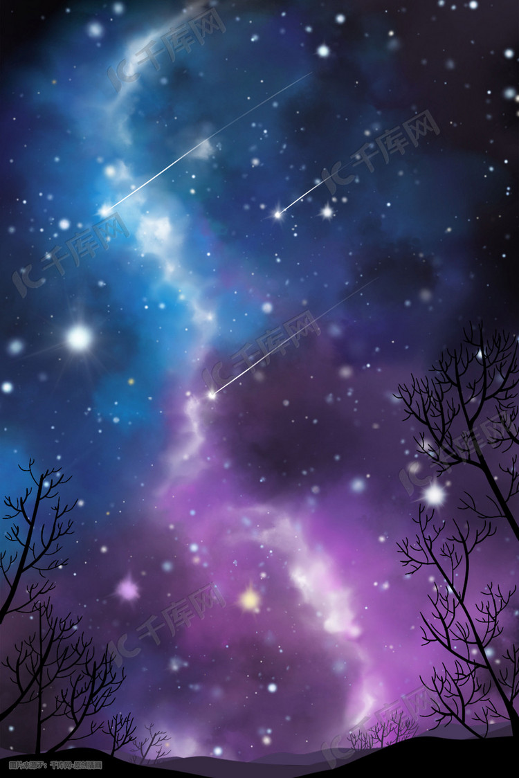 深蓝色紫色唯美卡通流星夜空星空风景配图