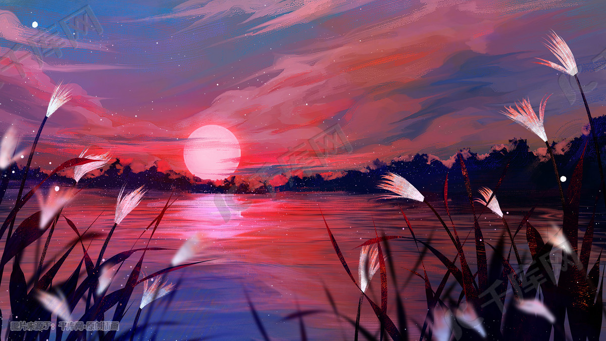 唯美治愈云彩傍晚背景插画图片-千库网