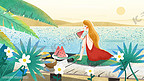 夏景海边吃西瓜的女孩小清新插画