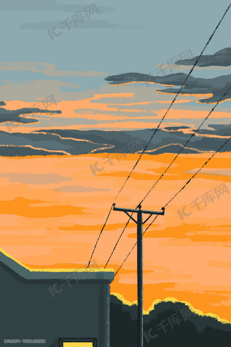 夕阳落日黄昏火烧云天空插画图片-千库网