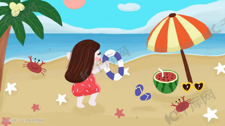夏天可爱的女孩在海边嬉戏